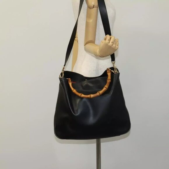 GUCCI Bamboo Hand Bag Leather 2way Black Gold Auth - Picture 1 of 16
